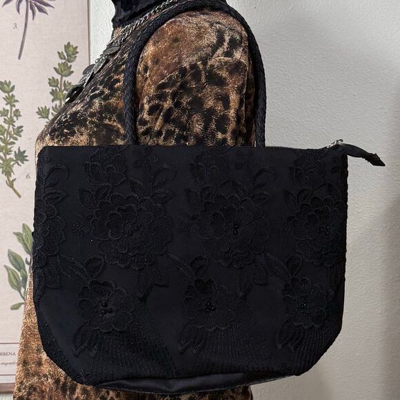 Black Satin Floral Embroidered Beaded Bag Whimsigoth Romantic Goth Dark Coquette - Picture 1 of 8